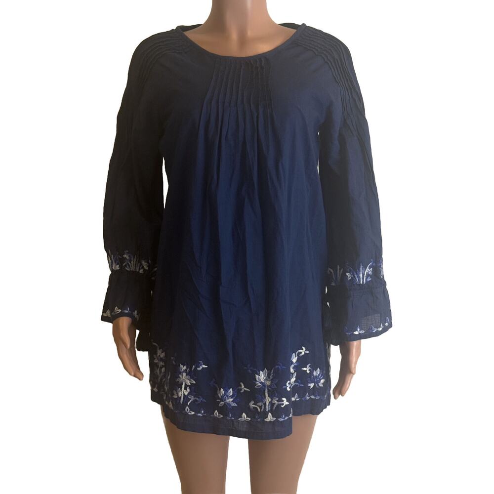 Roller Rabbit Mini Dress Size XS Navy Blue Embroidered Smocked Tassel Tunic